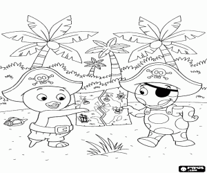 desenho de Pablo e Uniqua com o mapa do tesouro para colorir