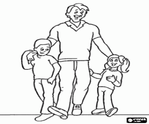 desenho de Padre ou pai caminhava com seus filhos, um menino e menina para colorir