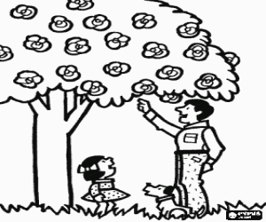 desenho de Pai, filha e uma árvore em flor para colorir