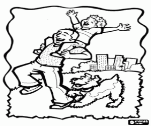 desenho de Pai, o filho e o cão no parque para colorir