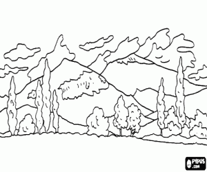 desenho de Paisagem com colinas e árvores para colorir