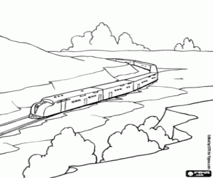 desenho de Paisagem com um trem em uma curva para colorir