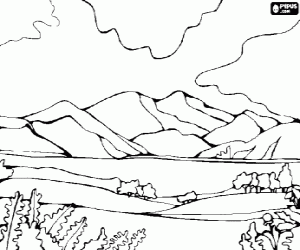 desenho de Paisagem da planície e as montanhas para colorir