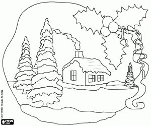 desenho de Paisagem de Natal com enfeites para colorir