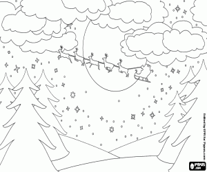 desenho de Paisagem de noite de floresta e Santa para colorir