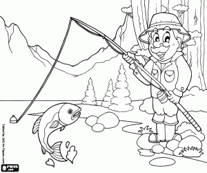 desenho de Paisagem de um pescador em um lago para colorir