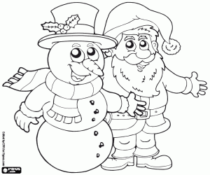 desenho de Papai Noel e boneco de neve para colorir