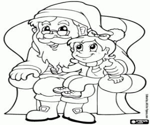 desenho de Papai Noel com uma menina para colorir