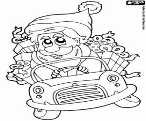 desenho de Papai Noel dirigindo um carro para colorir