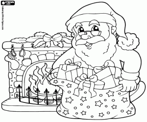 desenho de Papai Noel, presentes e a lareira para colorir