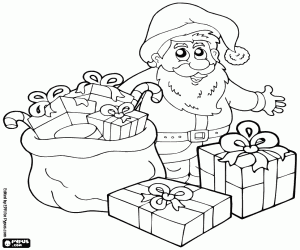 desenho de Papai Noel com os presentes prontos para colorir