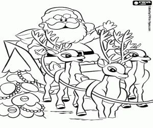 desenho de Papai Noel com trenó e renas para colorir