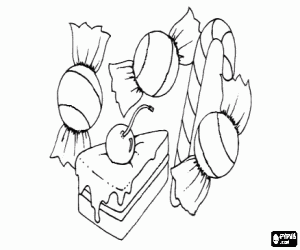 desenho de Um pedaço de bolo e doces para colorir