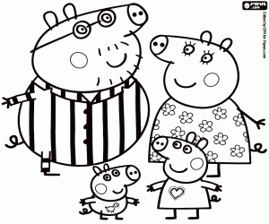 desenho de Peppa Pig e sua família em pijama para colorir