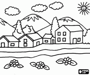 desenho de Pequena cidade perto das montanhas para colorir