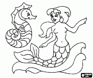 desenho de Pequena sereia e cavalo-marinho para colorir
