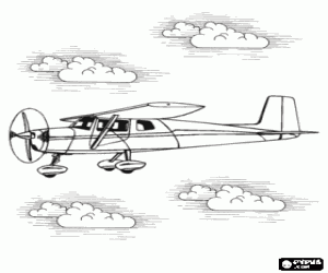 desenho de Pequeno avião voando através das nuvens para colorir
