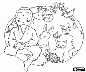 desenho de Pequeno Buda ou Buddha com os animais para colorir