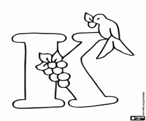 desenho de Pequeno pássaro e frutas com a letra K para colorir