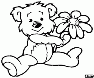 desenho de Pequeno urso com uma flor para colorir