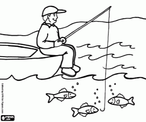 desenho de Um pescador com a vara no barco para colorir
