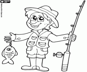desenho de Um pescador feliz com sua presa para colorir