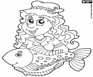desenho de Uma pescadora com um peixe grande para colorir