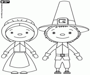 desenho de Pilgrims, o marido e a esposa para colorir