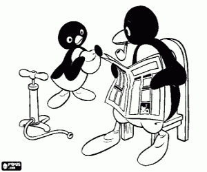 desenho de Pingu com uma bola e seu pai para colorir