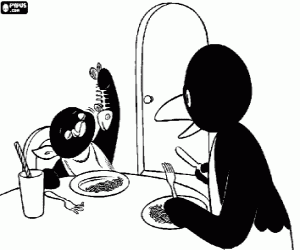 desenho de Pingu come um delicioso peixe para colorir
