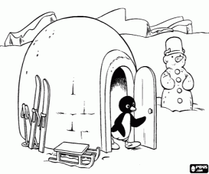 desenho de Pingu, o iglu e o boneco de neve para colorir