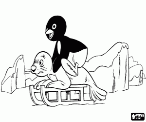 desenho de Pingu e Robby com trenó para colorir