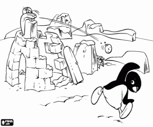desenho de Pingu, Roby e bolas de neve para colorir