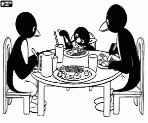 desenho de Pingu e seus pais na mesa para colorir