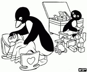desenho de Pingu com sua mãe e Pinga para colorir