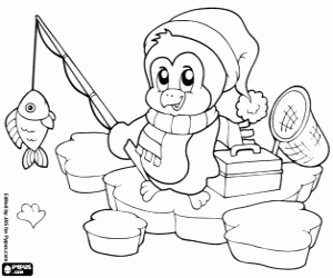 desenho de Um pinguim e pesca no gelo para colorir