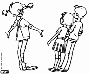 desenho de Pippi com seus amigos Tommie e Anika para colorir