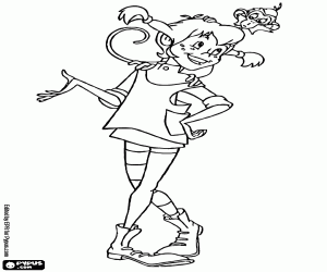 desenho de Pippi com o macaco nos ombros para colorir