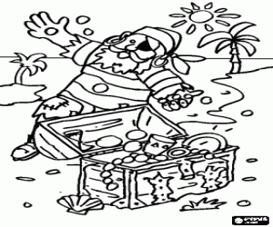 desenho de Um pirata com moedas de ouro para colorir