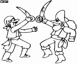 desenho de Dois piratas lutando em uma batalha para colorir