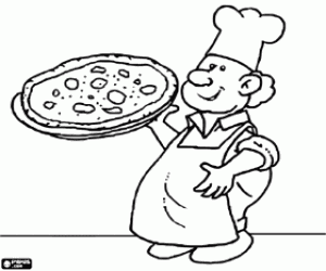 desenho de Um pizzaiolo com uma pizza para colorir