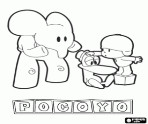 desenho de Pocoyo com seus amigos de Elly e Pato para colorir