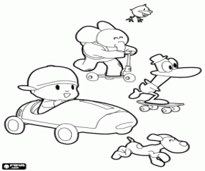 desenho de Pocoyo e seus amigos em veículos para colorir
