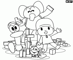 desenho de Pocoyó e seus amigos brincando para colorir
