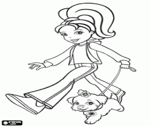 desenho de Polly Pocket andando com seu cachorro para colorir