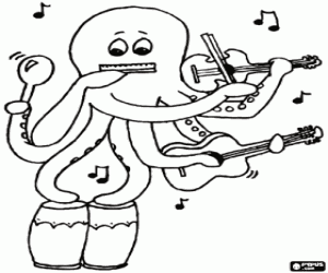 desenho de Um polvo com instrumentos musicais para colorir