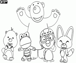 desenho de Pororo com quatro amigos para colorir