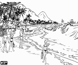 desenho de Uma praia tropical durante as férias para colorir