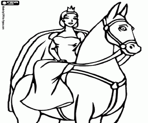 desenho de Princesa com coroa a cavalo para colorir
