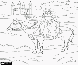 desenho de Princesa no cavalo e um castelo para colorir